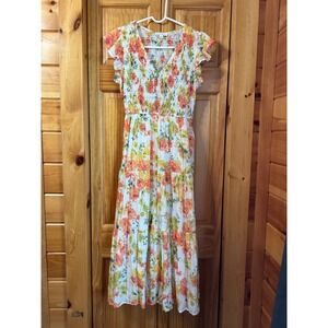 By The River White Floral Midi Dress Ruffle Sleeve Flowy Cottagecore NWOT Small